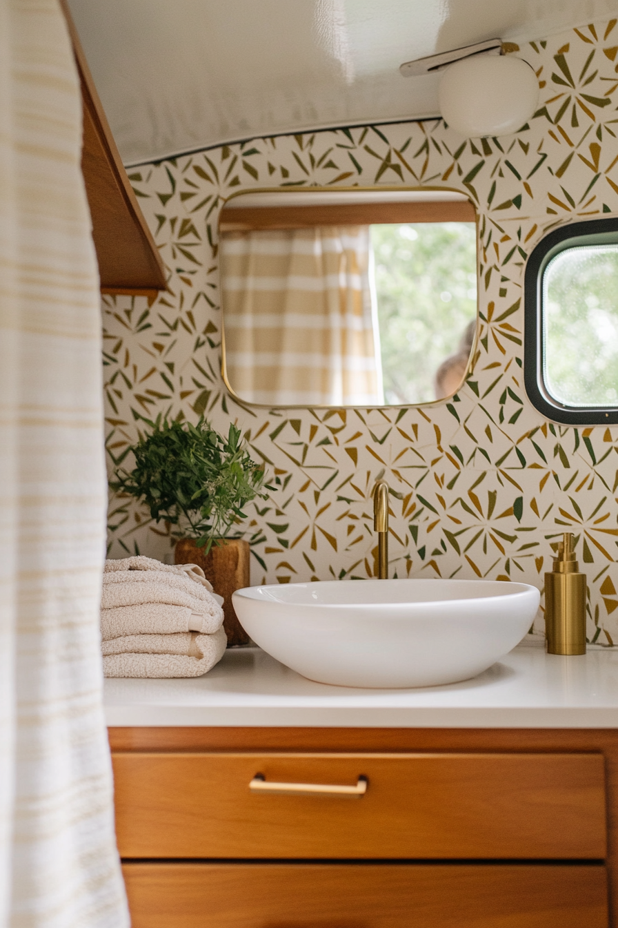 Wide-angle view. Mid-century camper bathroom. Geometric wallpaper. Brass fixtures.