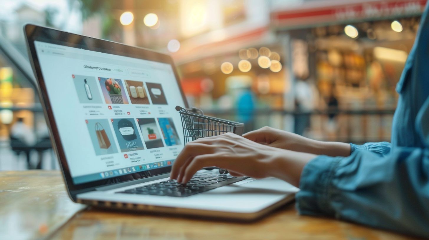 Personne faisant des achats en ligne sur un site affichant des informations détaillées sur les produits et les prix, soulignant le droit à l'information précontractuelle.