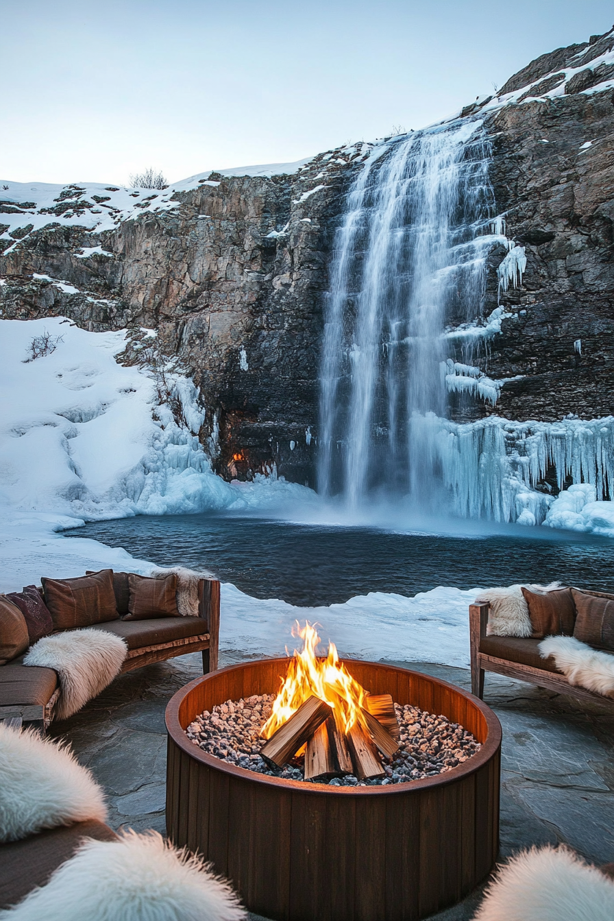 Nordic Coast Space. Patio fronting iceberg-blue waterfall, viking fire pit in middle.