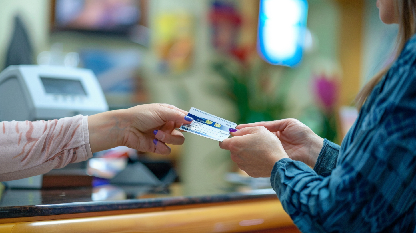 Représentant du service client remettant une carte de garantie à un consommateur, symbolisant les garanties légales de conformité et contre les vices cachés.