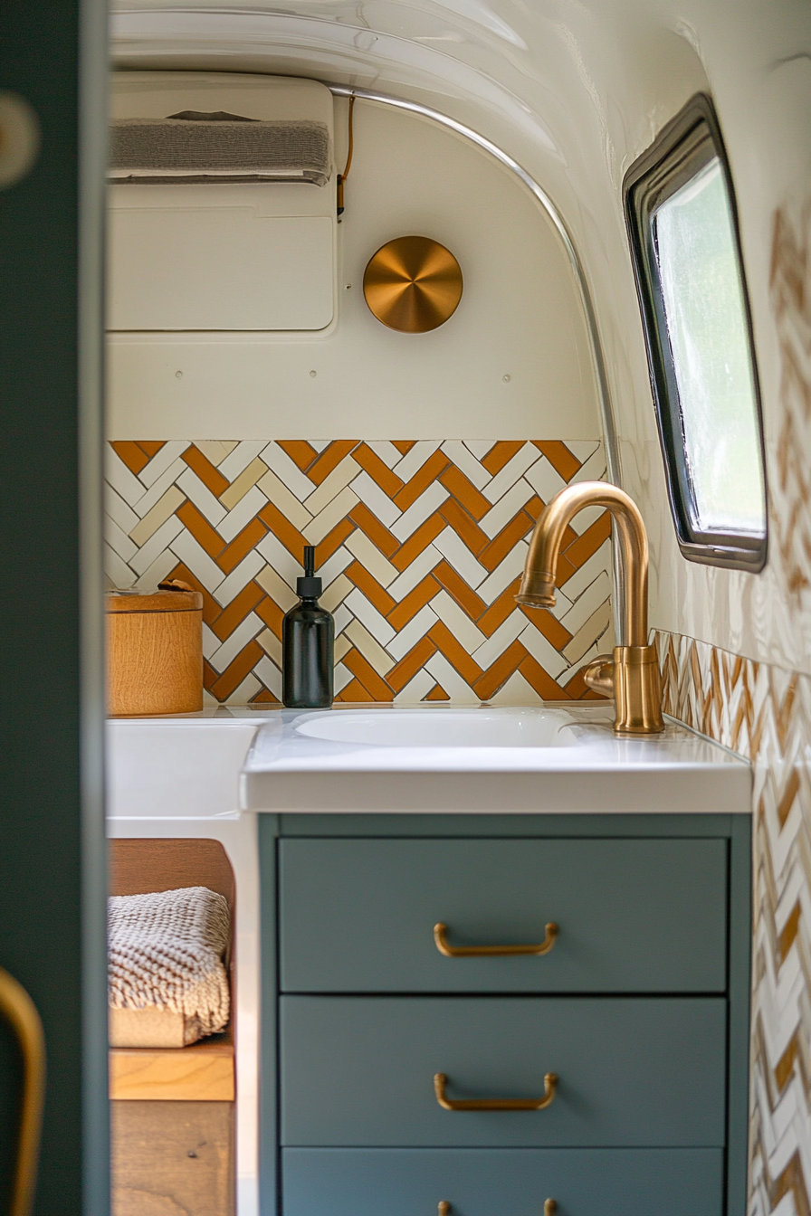 Wide-angle view. Mid-century camper bathroom, chevron pattern tiles and brass faucet.