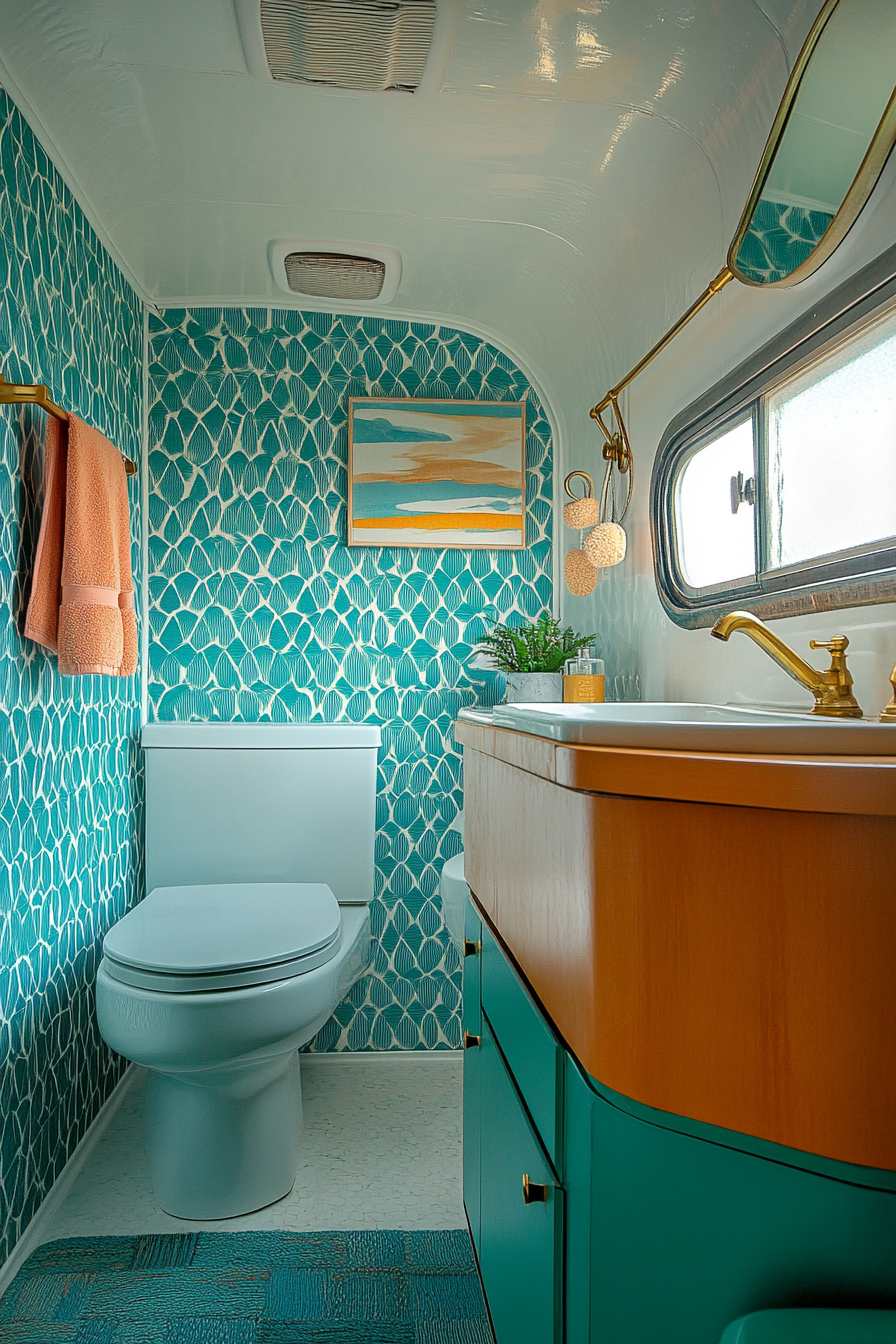 Mid-century camper bathroom. Turquoise wallpaper, brass fixtures, geometric tiles.