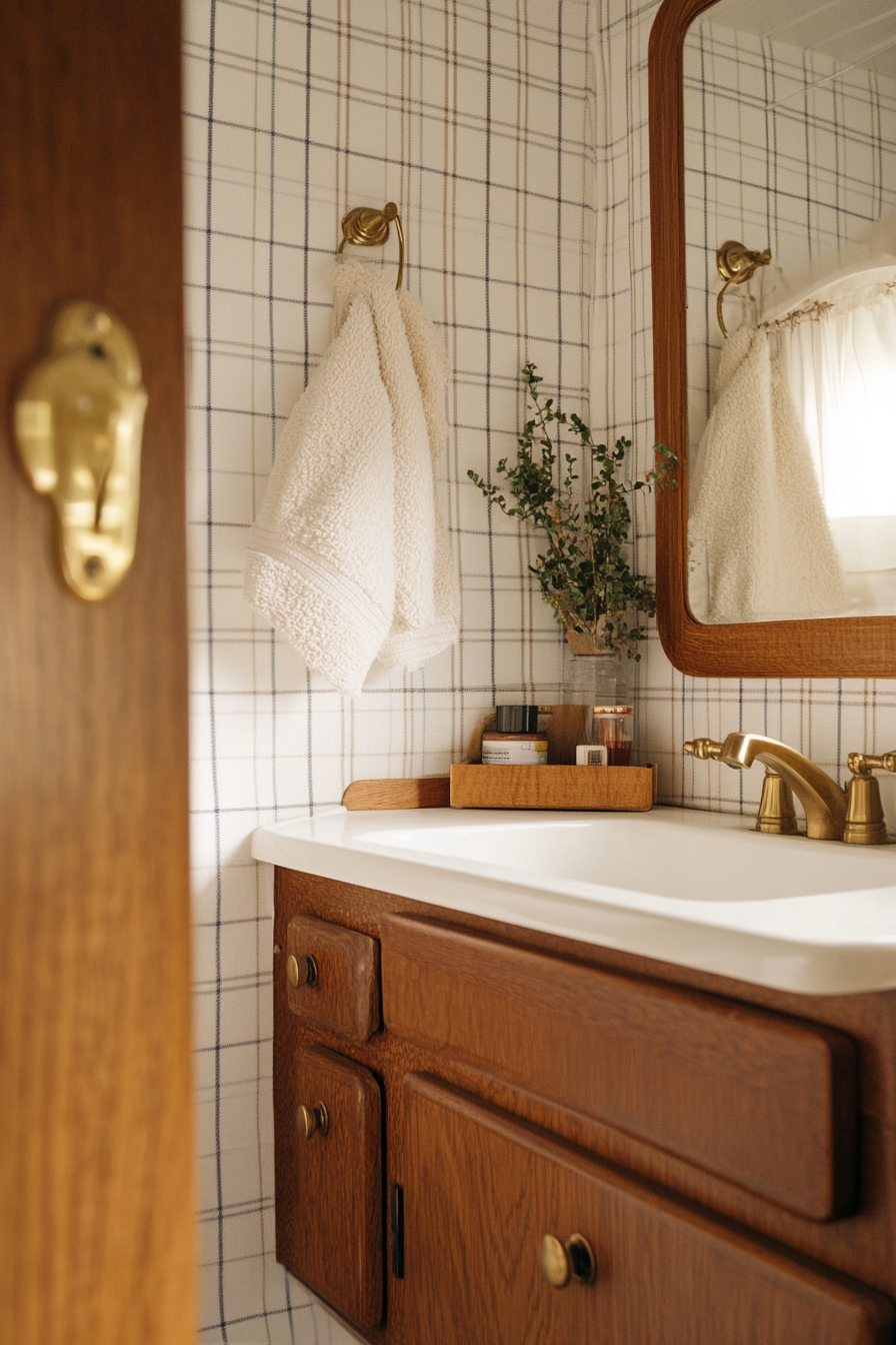 Mid-century camper bathroom. Plaid wallpaper, wood panel vanity, brass hinges.