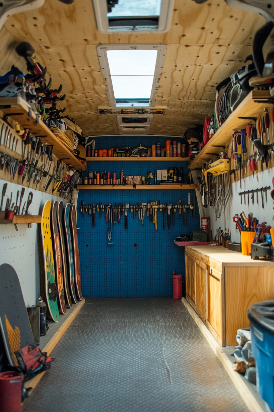 Van workshop. Longboards displayed on sky blue tool wall.