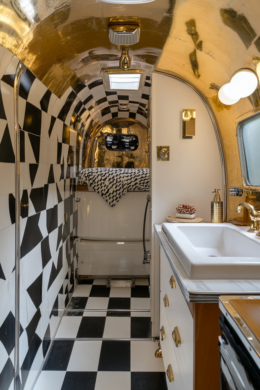 Wide angle view. Mid-century camper bathroom with checkered patterns and brass fixtures.