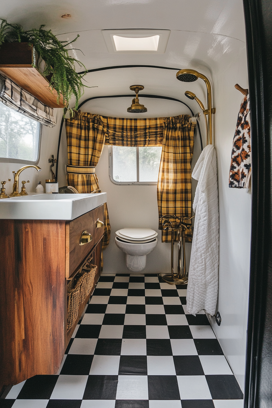 Mid-century inspired camper bathroom. Bold checkerboard floor with brass shower fixtures.