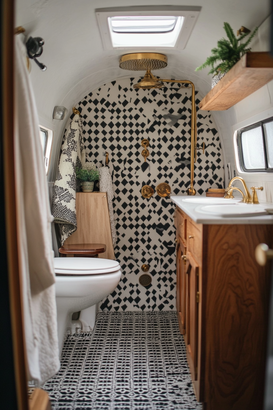 Mid-century camper bathroom. Wide-angle view, bold geometric patterns, brass fixtures.