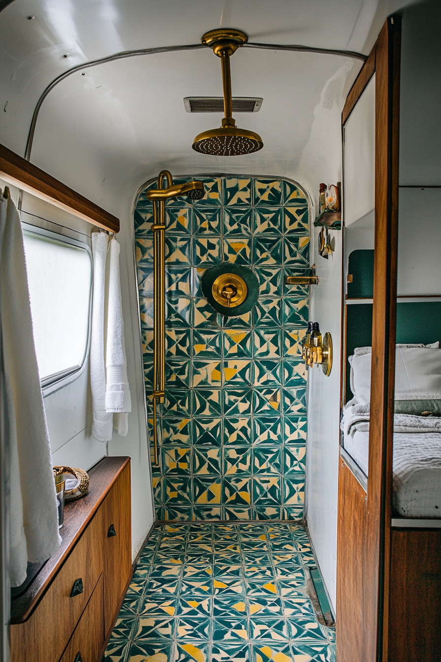 Mid-Century camper bathroom. Eye-popping geometric tile work, central brass shower head.